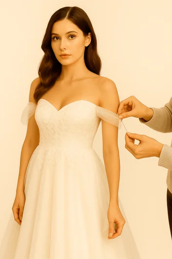 Wedding dress alteration showing existing sleeves being removed to create a strapless design
